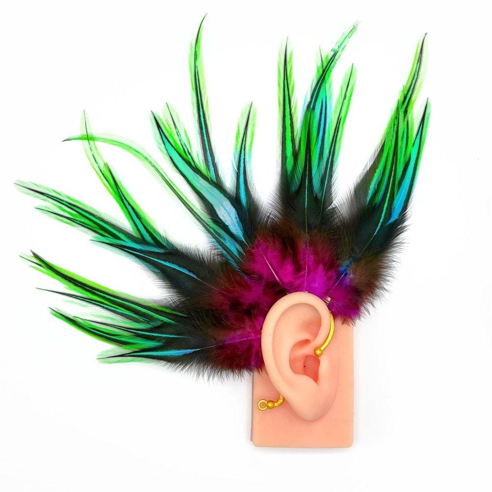 Vibrant Feather Ear Cuff in black and neon blue, green and deep purple